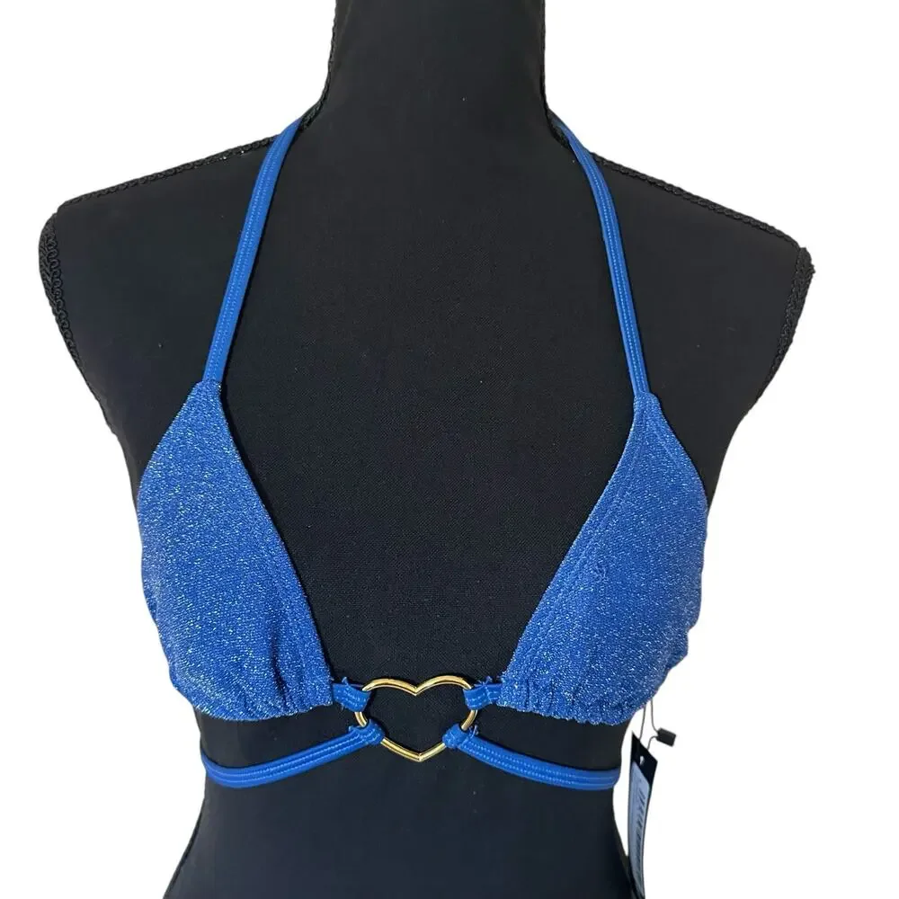 PrettyLittleThing Blue Heart Trim Glitter Bikini Top US Size 0 - NWT